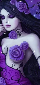 Mystical woman in purple with roses, fantasy art wallpaper.