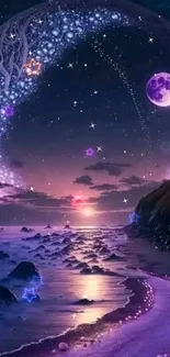 Mystical purple beach with glowing moon and celestial sky wallpaper.