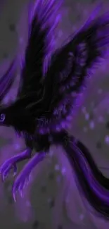 Mystical purple bird soaring on dark background.