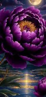 Beautiful purple flower under a moonlit night sky reflected in calm water.