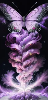 Mystical purple butterfly and swirling cosmic design on black background.