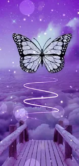 Mystical purple butterfly on a bridge under a dreamy starry sky.