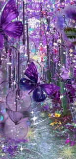 Purple butterfly forest wallpaper with mystical flair.