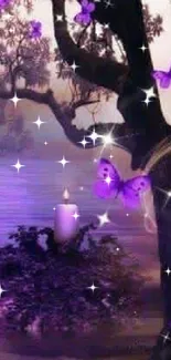 Purple butterflies and candlelit forest wallpaper.