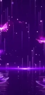 Mystical purple wallpaper with glowing butterflies and lotus flowers.