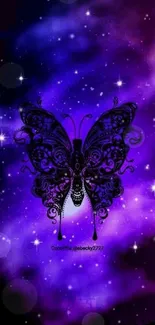 Intricate black butterfly on purple cosmic background.