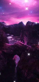 Mystical purple canyon under a surreal sky in a stunning nightscape.