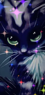 Purple cat with green eyes, mystical wallpaper art.