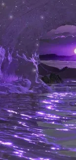 Mystical cave with purple hues and moonlight reflecting on water.