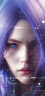 Mystical character with blue eyes and purple hair in digital art wallpaper.