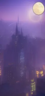 Purple cityscape with a moonlit foggy sky.