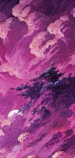 Illustrated purple sky with dreamlike clouds and celestial hues.