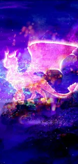 Purple dragon in a mystical night sky with glowing effects.