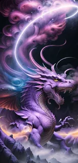 Enchanting purple dragon with swirling mystical aura in fantasy wallpaper.