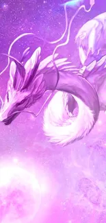 Mystical purple dragon flying in cosmic scene.