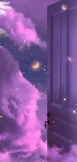 Mystical purple door opening to a starry night sky with clouds and crescent moon.