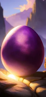 Mystical purple egg on mountain rock.