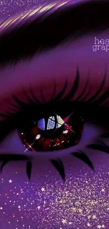 Mystical purple eye art with cosmic sparkles.