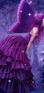 Purple fairy in a mystical forest setting wallpaper.