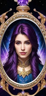 Fantasy portrait with purple tones in an ornate golden frame.