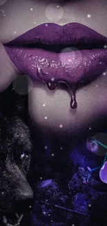 Mystical wallpaper with purple lips, wolf, and orchids.