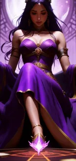 Mystical woman in purple dress with a fantasy backdrop for mobile wallpaper.