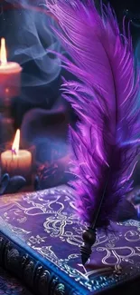 Purple feather on a decorative book near glowing candles.