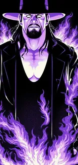 Mystical figure surrounded by purple flames on a mobile wallpaper.