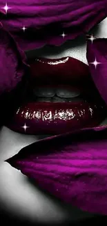 Glossy lips enveloped by vibrant purple petals.