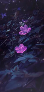 Mobile wallpaper of glowing purple flowers in a dark mysterious setting.