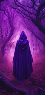 Cloaked figure in a mystical purple forest.