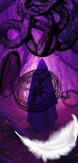 Cloaked figure in a mystical purple forest with snake, compass, and feather.