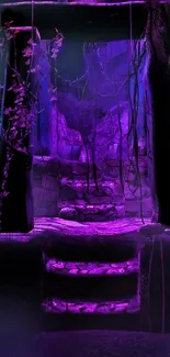 Mystical purple forest portal with stone stairs and enchanting scenery.