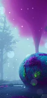 Mystical purple forest with a glowing sphere and foggy background.