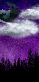 Purple forest wallpaper with wolf, moon, and clouds.