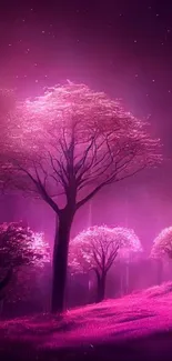 Mystical purple forest with ethereal trees and vibrant pink hues in serene scenery.