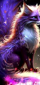 Mystical purple fox with whimsical, fantasy elements on a dark background.