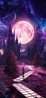 Mystical landscape with purple galaxy and bright moon.