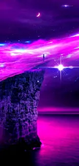 Man on cliff under purple galaxy sky, cosmic night view.