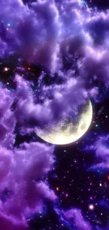 Vibrant purple galaxy with crescent moon and stars wallpaper.