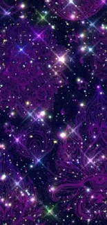 Purple galaxy wallpaper with stars and mandalas.