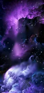 Mystical purple galaxy wallpaper with celestial elements and space art.