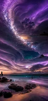 Mesmerizing purple galaxy swirls over ocean at night.