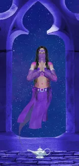 Purple genie with lamp under a starry sky in a mystical archway.