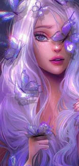 Mystical character with purple hair and butterflies in enchanting wallpaper.