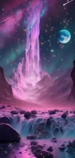 Mystical purple landscape with waterfall under starry sky.