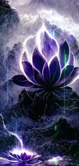 Mystical purple lotus glowing in an ethereal dark setting.