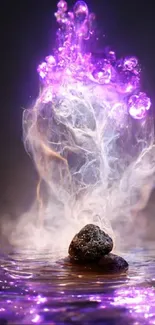 Ethereal purple magic with glowing smoke and stone.