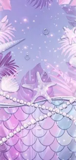 Lavender mermaid wallpaper with starfish and pearls.