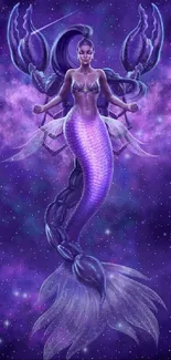 Mystical mermaid with purple tones and a cosmic background.